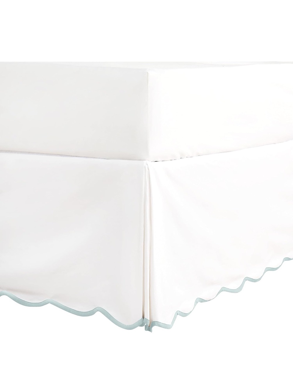 New White Scalloped Bed Skirt with Light Blue Trim